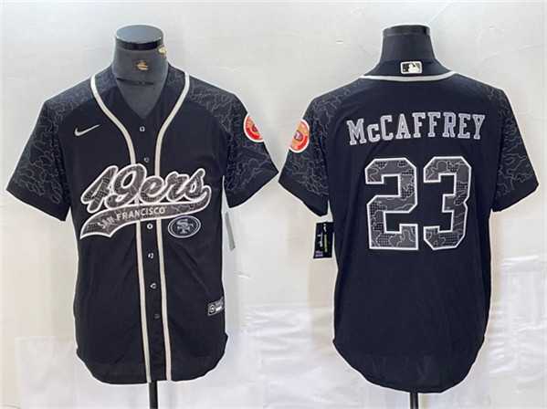 Mens San Francisco 49ers #23 Christian McCaffrey Black Reflective With Patch Cool Base Stitched Baseball Jersey